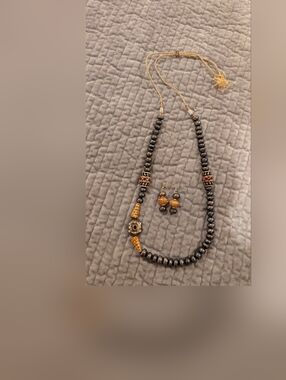 Gold and Black Pearl Bead Necklace with Red Accents